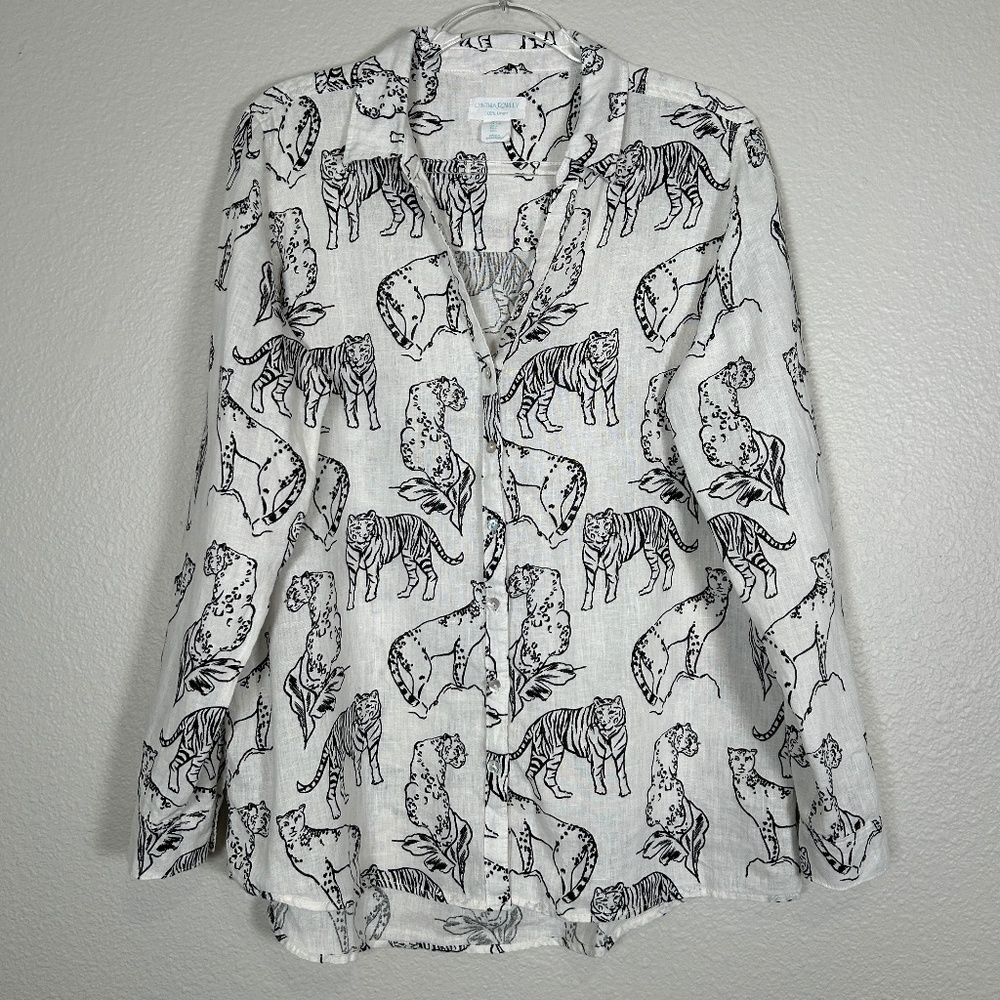 Cynthia Rowley size L long sleeve button up shirt white wild cats linen tiger